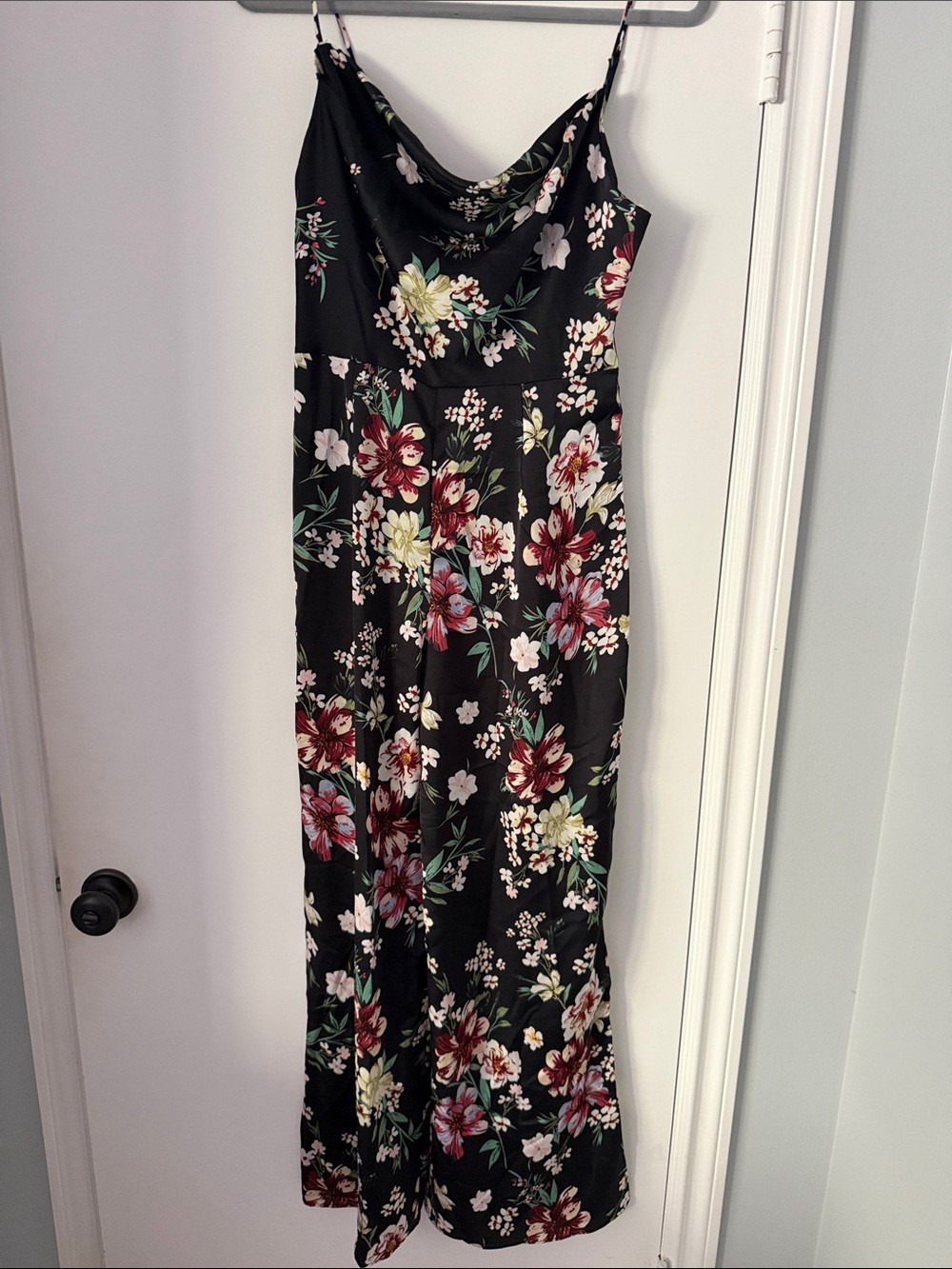 Lulus Floral Black Slip Pantsuit with Spaghetti Straps